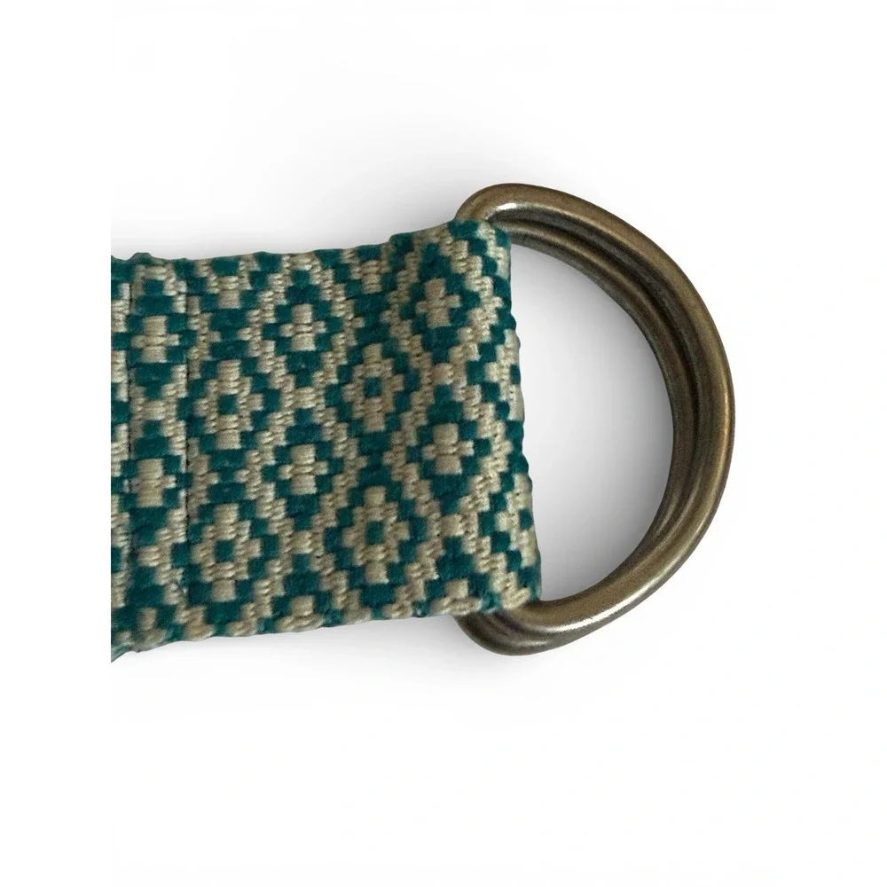 Teal Cream Woven Fabric‎ Belt Double D Ring Boho Preppy Coastal Adjustable
